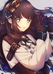 Rule 34 | 1girl, :o, brown gloves, brown hair, cardia beckford, code:realize, corset, gears, gloves, green eyes, long hair, long sleeves, looking at viewer, moyui (myi 005), pink lips, shirt, solo, upper body, white shirt
