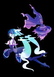 Rule 34 | 1girl, aqua hair, back cutout, black background, black thighhighs, clothing cutout, creatures (company), detached sleeves, floating, from side, game freak, gen 4 pokemon, ghost, ghost miku (project voltage), glitch, gradient hair, grey shirt, guitarcat, hatsune miku, highres, long hair, mismagius, multicolored hair, necktie, nintendo, pale skin, pokemon, pokemon (creature), project voltage, shirt, skirt, sleeves past fingers, sleeves past wrists, thighhighs, twintails, upside-down, very long hair, vocaloid, will-o&#039;-the-wisp (mythology), yellow eyes
