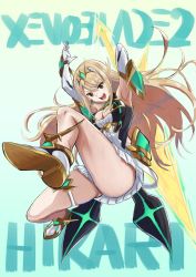 Rule 34 | 1girl, armor, ass, blonde hair, boots, breasts, cleavage, cleavage cutout, clothing cutout, dress, elbow gloves, gem, gloves, gradient background, green background, hair ornament, headpiece, highres, jewelry, legs, long hair, looking at viewer, mythra (xenoblade), nintendo, open mouth, shoulder armor, simple background, skindentation, solo, swept bangs, thighs, tiara, very long hair, white dress, xenoblade chronicles (series), xenoblade chronicles 2, yellow eyes, yuuuun0218