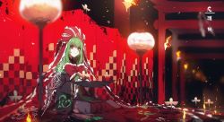 Rule 34 | 1girl, alternate costume, blurry, bow, closed mouth, depth of field, fire, folding fan, frills, front ponytail, green eyes, green hair, hair bow, hair ribbon, hand fan, holding, holding fan, japanese clothes, kagiyama hina, kimono, lamp, long hair, long sleeves, looking at viewer, no-kan, onmyouji, red bow, red ribbon, ribbon, shikigami, sitting, smile, solo, torii, touhou, very long hair, wide sleeves