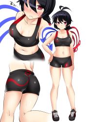 Rule 34 | 1girl, ahoge, alternate costume, arm at side, ass, asymmetrical wings, back, belly, black bra, black hair, black shorts, blush, bra, breasts, cleavage, collarbone, constricted pupils, from above, from behind, full body, hair over one eye, hand on own hip, highres, hitotsuki nebura, houjuu nue, kneepits, looking at viewer, midriff, multiple views, navel, no socks, parted lips, pointy ears, red eyes, shiny clothes, shoes, short hair, short shorts, shorts, simple background, sneakers, sports bra, stomach, sweat, thighs, tomboy, touhou, underwear, white background, wings