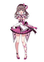 Rule 34 | 1girl, :d, absurdres, black hairband, blouse, boots, brown eyes, brown hair, center frills, clothing cutout, commentary request, frilled sleeves, frills, fujimiya kotoha, full body, hair ornament, hairband, high heel boots, high heels, highres, ichijo rei, idol, looking at viewer, low twintails, medium hair, miniskirt, nail polish, neck ribbon, open mouth, pink footwear, pink nails, pink ribbon, pink skirt, ribbon, shirt, short sleeves, shoulder cutout, simple background, skirt, smile, solo, standing, twintails, virtual youtuber, white background, white shirt