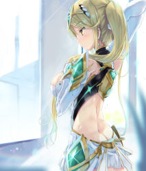 Rule 34 | 1girl, alternate hairstyle, armor, ass, blonde hair, blush, breast suppress, breasts, butt crack, cleavage, dress, gloves, highres, indoors, inoue takuya (tactactak), jewelry, large breasts, long hair, looking to the side, mythra (xenoblade), nintendo, ponytail, smile, solo, sunlight, tiara, xenoblade chronicles (series), xenoblade chronicles 2, yellow eyes