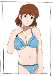Rule 34 | 1girl, breasts, brown eyes, brown hair, cleavage, closed mouth, earrings, highres, jewelry, kaze no tani no nausicaa, large breasts, looking at viewer, nausicaa, nawa no ojisan, short hair, solo, standing, swimsuit, water, white background