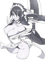 Rule 34 | 1girl, apron, arms behind back, arms behind head, arms up, black hair, breasts, cleavage, closed mouth, collarbone, detached collar, hair between eyes, hesuke, holding, holding weapon, iroha (samurai spirits), large breasts, leotard, long sleeves, maid, maid apron, maid headdress, medium hair, samurai spirits, smile, thick thighs, thighs, weapon, wide sleeves