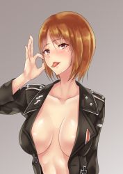 Rule 34 | 10s, 1girl, black jacket, blush, breasts, brown eyes, brown hair, cleavage, fellatio gesture, girls und panzer, grey background, jacket, large breasts, looking at viewer, military, military uniform, nazi, nishizumi miho, no bra, no shirt, open clothes, open jacket, short hair, solo, takeda seiji, tongue, tongue out, uniform, upper body