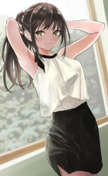 Rule 34 | 1girl, absurdres, anno masato, armpits, arms behind head, black skirt, brown eyes, brown hair, closed mouth, hands in hair, highres, indoors, long hair, looking at viewer, original, pencil skirt, ponytail, shirt, skirt, sleeveless, sleeveless shirt, smile, solo, standing, white shirt, window