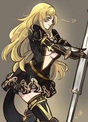 Rule 34 | 1girl, alternate costume, blonde hair, breasts, cleavage, drag-on dragoon, drag-on dragoon 3, five (drag-on dragoon), holding, holding weapon, kokomi (aniesuakkaman), large breasts, long hair, looking at viewer, solo, weapon, yellow eyes