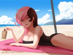 Rule 34 | 1girl, :d, beach, black one-piece swimsuit, blue sky, bottle, breasts, brown eyes, brown hair, casual one-piece swimsuit, cleavage, cloud, collarbone, cslucaris, day, hair between eyes, holding, holding bottle, large breasts, long hair, looking at viewer, lotion bottle, lying, multicolored hair, neo politan, on stomach, one-piece swimsuit, open mouth, outdoors, pink eyes, pink hair, rwby, signature, sky, smile, solo, split-color hair, strapless, strapless one-piece swimsuit, swimsuit, two-tone hair, watermark, web address