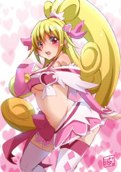 Rule 34 | 1girl, adapted costume, aida mana, blonde hair, blush, bow, breasts, brooch, cure heart, dokidoki! precure, hair ornament, half updo, hand on own chest, heart, heart background, heart brooch, heart hair ornament, midriff, namisawa, open mouth, pink bow, pink eyes, ponytail, precure, revealing clothes, solo, thighhighs, underboob