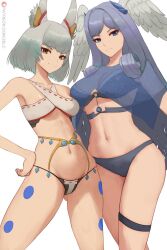 Rule 34 | 2girls, alternate costume, animal ears, bikini, blue eyes, breasts, cat ears, cat girl, closed mouth, commentary, curly hair, english commentary, frown, grey hair, hand on own hip, head wings, highres, long hair, looking at viewer, medium breasts, melia antiqua, multiple girls, navel, nia (xenoblade), short hair, simple background, smile, swimsuit, thigh strap, white background, wings, xenoblade chronicles (series), xenoblade chronicles 3, yellow eyes, zelc-face