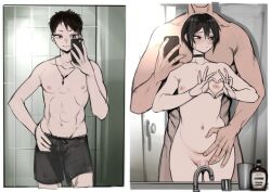 2boys 2n5 bathroom before_and_after choker completely_nude convenient_censoring embarrassed heart heart_hands holding looking_to_the_side multiple_boys muscular muscular_male nipples nude original penis selfie short_hair shorts sink trap yaoi