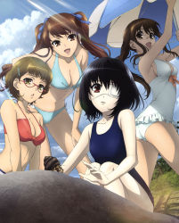 Rule 34 | 10s, 4girls, :d, absurdres, akazawa izumi, another, aqua bikini, ass, bikini, black hair, breasts, brown eyes, brown hair, casual one-piece swimsuit, cleavage, cloud, day, eyepatch, frilled swimsuit, frills, front-tie top, glasses, hair ornament, hair ribbon, hairclip, halterneck, hand on thigh, highres, light rays, looking back, medium breasts, mikami reiko (another), misaki mei, multiple girls, official art, one-piece swimsuit, open mouth, pale skin, red bikini, red eyes, reiko (another), ribbon, scan, school swimsuit, short hair, side-tie bikini bottom, sky, smile, sugiura takako, sunbeam, sunlight, swimsuit, twintails, umbrella, white one-piece swimsuit