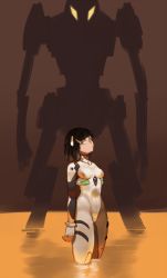 Rule 34 | 1girl, animification, ayanami rei, ayanami rei (cosplay), black hair, bodysuit, breasts, cosplay, green eyes, hair ornament, hairclip, highres, interface headset, lcl, marvel, mecha, neon genesis evangelion, peni parker, plugsuit, robot, short hair, small breasts, solo, sp//dr, spider-man: into the spider-verse, spider-man (series), spider-verse, spider-verse (comics), standing, suwaiya, wading, white bodysuit