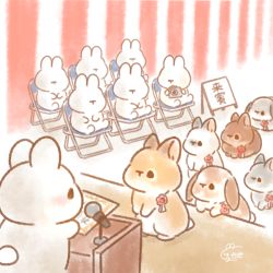 Rule 34 | animal, animal focus, artist logo, camera, chair, chibi, chinese text, commentary, highres, holding, holding camera, indoors, kuumonse33, looking at another, microphone, no humans, original, podium, rabbit, sign, signature, sitting, standing, translation request