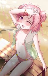 Rule 34 | 1girl, absurdres, arm at side, armpits, artist name, bare shoulders, beach, bench, bikini, blurry, blush, bob cut, bokeh, bracelet, breasts, broly matsumoto, cleavage, collarbone, commentary, depth of field, doki doki literature club, drooling, from above, gluteal fold, green vest, hair ornament, hair ribbon, hand on own face, hand up, heart, heart-shaped pupils, highres, jewelry, looking afar, looking at viewer, looking up, loose hair strand, natsuki (doki doki literature club), navel, nipples, no shirt, on bench, open clothes, open mouth, open vest, parted lips, pink bikini, pink hair, purple eyes, red ribbon, ribbon, sand, see-through, see-through vest, shaded face, shading eyes, short hair, signature, sitting, small breasts, solo, swept bangs, swimsuit, symbol-shaped pupils, trembling, twitter username, two side up, vest, x hair ornament