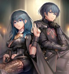 Rule 34 | 1boy, 1girl, armor, blue eyes, blue hair, byleth (female) (fire emblem), byleth (fire emblem), byleth (male) (fire emblem), cape, dual persona, fire emblem, fire emblem: three houses, gloves, gonzarez, highres, long hair, looking at viewer, nintendo, short hair, shorts, simple background, smile, thighhighs, upper body