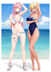 Rule 34 | 2girls, alternate costume, arm behind head, arm up, armpits, azur lane, bare arms, bare legs, bare shoulders, barefoot, bead bracelet, beads, bikini, black choker, blonde hair, blue eyes, blue one-piece swimsuit, bracelet, breasts, breasts apart, choker, cleavage, competition swimsuit, covered navel, frilled bikini, frills, full body, gluteal fold, green eyes, hair ornament, hairclip, halterneck, high heels, highleg, highleg swimsuit, highres, jewelry, large breasts, long hair, looking at viewer, marblehead (azur lane), memphis (azur lane), multicolored hair, multiple girls, navel, one-piece swimsuit, parted lips, pink hair, silveroid, skindentation, spaghetti strap, standing, stomach, strap slip, streaked hair, string bikini, swimsuit, tan, thighs, wet, white bikini