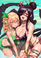 Rule 34 | 2girls, absurdres, bad id, bad twitter id, bikini, black bikini, black hair, blonde hair, blush, bracelet, breasts, brooch, character request, choker, cleavage, eyepatch, green bikini, hair bun, hair ornament, hair stick, highres, jewelry, large breasts, long hair, looking at viewer, multiple girls, nail polish, necklace, open mouth, partially submerged, purple eyes, red eyes, single hair bun, smile, suisogenshi, swimsuit, thigh strap, water, wet