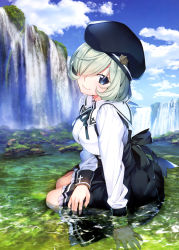 Rule 34 | 1girl, absurdres, arm support, black hat, black skirt, blue eyes, blue sky, character request, cloud, day, dress shirt, frilled skirt, frills, green hair, green ribbon, grisaia (series), grisaia phantom trigger, hair over one eye, hat, highres, looking at viewer, neck ribbon, outdoors, rainbow, ribbon, shirt, short hair, sitting, skirt, sky, smile, solo, watanabe akio, water, waterfall, white shirt