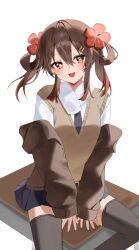 Rule 34 | 1girl, absurdres, brown hair, educk, flower-shaped pupils, genshin impact, highres, hu tao (genshin impact), looking at viewer, open mouth, red eyes, school uniform, smile, solo, symbol-shaped pupils, twintails, vest