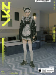Rule 34 | 1boy, animal ears, apron, barcode, black dress, black footwear, black headwear, black jacket, cat ears, chair, crossdressing, dress, frilled apron, frills, full body, green eyes, hair ornament, hairclip, highres, indoors, ishida (segu ishida), jacket, long sleeves, looking at viewer, maid apron, maid headdress, male focus, original, parted lips, shoes, smile, sneakers, solo, standing, symbol-only commentary, thighhighs, white apron, white thighhighs