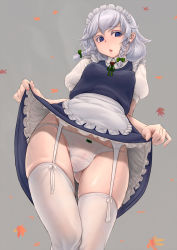 Rule 34 | 1girl, blue eyes, blush, braid, breasts, breasts apart, clothes lift, covered erect nipples, dress, dress lift, from below, garter straps, gluteal fold, highres, izayoi sakuya, leaf, lifted by self, looking at viewer, maid, maid headdress, maple leaf, musen-shiki sanhankikan, panties, parted lips, pussy, see-through, silver hair, skindentation, small breasts, solo, thighhighs, touhou, underwear, upskirt, white thighhighs