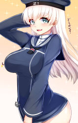 Rule 34 | 10s, 1girl, alternate breast size, alternate hair length, alternate hairstyle, ass, blue eyes, blush, breasts, censored, censored text, clothes writing, dress, hat, impossible clothes, impossible shirt, kantai collection, large breasts, long hair, long sleeves, looking at viewer, open mouth, sailor collar, sailor dress, sailor hat, shirt, shirt tug, smile, solo, tenken (gotannda), z1 leberecht maass (kancolle)