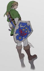 Rule 34 | 1boy, arms at sides, blonde hair, blue eyes, boots, closed mouth, dutch angle, earrings, elf, from side, full body, hat, highres, holding, holding shield, holding sword, holding weapon, hylian shield, jewelry, layered sleeves, leggings, legs apart, link, long sleeves, looking afar, male focus, master sword, nintendo, oimo (oimkimn), pointy ears, reflective floor, scabbard, sheath, shield, short hair, short over long sleeves, short sleeves, sidelocks, solo, standing, sword, the legend of zelda, the legend of zelda: ocarina of time, tunic, weapon