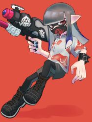 Rule 34 | 1girl, black footwear, blue hair, boots, commentary request, cross-laced footwear, full body, gradient hair, grey hair, gun, highres, holding, holding gun, holding weapon, inkling, inkling girl, inkling player character, long hair, looking at viewer, mask, mouth mask, multicolored hair, multiple bracelets, nastar r0, nintendo, pantyhose, pointy ears, print mask, red background, red eyes, red shirt, shirt, simple background, solo, splatoon (series), splatoon 3, splattershot nova (splatoon), tentacle hair, two-tone hair, two-tone shirt, weapon, white shirt
