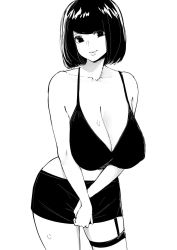 Rule 34 | 1girl, aliasing, bare shoulders, breasts, cleavage, commentary, commission, cowboy shot, english commentary, greyscale, large breasts, looking at viewer, midriff, miniskirt, monochrome, norman maggot, original, short hair, simple background, skirt, solo, standing, v arms, white background