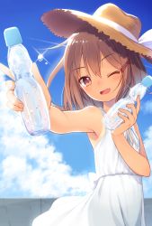 Rule 34 | 1girl, :d, armpits, bare arms, bare shoulders, blue sky, blurry, blurry background, blush, bottle, bow, brown eyes, brown hair, brown hat, cloud, contrail, day, depth of field, diffraction spikes, dress, dx (dekusu), fingernails, hair ornament, hairclip, hat, hat ribbon, highres, holding, holding bottle, ikazuchi (kancolle), kantai collection, looking at viewer, one eye closed, open mouth, outdoors, outstretched arm, ribbon, sky, sleeveless, sleeveless dress, smile, solo, sun hat, sundress, tan, tanline, tilted headwear, water drop, wet, white bow, white dress, white ribbon