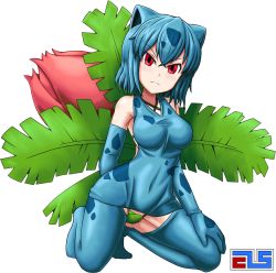 Rule 34 | 1girl, animal ears, arm behind back, artist name, bare shoulders, blue dress, blue gloves, blue hair, blue thighhighs, blush, bra, bra strap, breasts, closed mouth, collarbone, covered navel, creatures (company), dress, elbow gloves, female focus, full body, game freak, gen 1 pokemon, gloves, gluteal fold, green bra, green panties, highres, ivysaur, kneeling, large breasts, leaf, looking at viewer, nintendo, panties, partially visible vulva, pokemon, pokemon (creature), red eyes, short dress, short hair, shougun (chuckni1), simple background, sleeveless, sleeveless dress, spread legs, thighhighs, underwear, watermark, white background