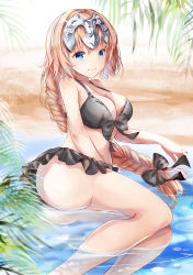Rule 34 | 1girl, ass, beach, bikini, black bikini, black bow, blonde hair, blue eyes, bow, braid, breasts, cleavage, collarbone, commentary request, fate/grand order, fate (series), frilled bikini, frills, front-tie bikini top, front-tie top, hair bow, headpiece, highres, jeanne d&#039;arc (fate), jeanne d&#039;arc (ruler) (fate), jeanne d&#039;arc (swimsuit archer) (fate), jeanne d&#039;arc (swimsuit archer) (first ascension) (fate), large breasts, long braid, long hair, low-tied long hair, lying, mutang, ocean, on side, palm tree, partially submerged, single braid, smile, solo, swimsuit, tree