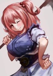 Rule 34 | 1girl, blush, breasts, hair bobbles, hair ornament, hoshibuchi, large breasts, looking at viewer, md5 mismatch, one eye closed, onozuka komachi, red eyes, red hair, resized, scythe, short sleeves, smile, solo, standing, touhou