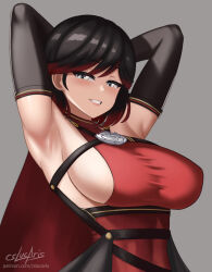 Rule 34 | 1girl, armpits, arms behind head, artist name, black hair, breasts, commentary, cslucaris, english commentary, grey background, grey eyes, highres, large breasts, looking at viewer, patreon username, red hair, rwby, sideboob, simple background, smile, solo, summer rose, tagme, teeth, upper body, watermark