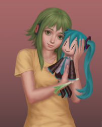 Rule 34 | 1girl, aqua hair, aqua necktie, arms up, black sleeves, black thighhighs, boots, character doll, closed mouth, commentary, detached sleeves, doll, english commentary, food, gohpot, green eyes, green hair, grey shirt, gumi, hatsune miku, highres, holding, holding doll, holding food, holding spring onion, holding vegetable, lips, long hair, long sleeves, looking to the side, necktie, shirt, short sleeves, sleeveless, sleeveless shirt, solo, spring onion, thigh boots, thighhighs, twintails, vegetable, very long hair, vocaloid, yellow shirt, | |