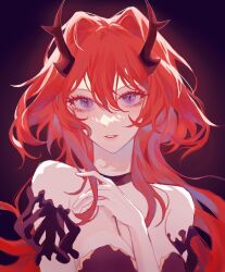 Rule 34 | 1girl, arknights, bare shoulders, black choker, black dress, breasts, choker, cleavage, commentary request, dress, hair between eyes, hair intakes, hand up, highres, horns, long hair, looking at viewer, medium breasts, parted lips, purple eyes, qinglan805, red hair, solo, strapless, strapless dress, surtr (arknights), upper body