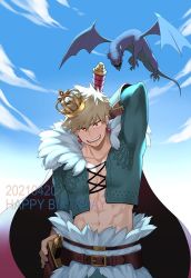Rule 34 | 1boy, abs, aqua jacket, bakugou katsuki, bara, belt, blonde hair, brown gloves, character name, cloud, cropped jacket, crown, dated, day, donnaoneone, dragon, earrings, fur-trimmed jacket, fur trim, gloves, happy birthday, highres, holding, holding sword, holding weapon, jacket, jewelry, large pectorals, looking at viewer, male focus, muscular, muscular male, navel, open clothes, outdoors, pectorals, red eyes, sheath, sheathed, short hair, sky, smile, spiked hair, sword, weapon