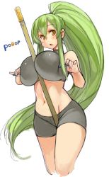 Rule 34 | 1girl, between breasts, bike shorts, blush, breasts squeezed together, breasts, green hair, high ponytail, large breasts, long hair, meme, midriff, navel, open mouth, original, pen-pineapple-apple-pen, ponytail, sachito, simple background, sketch, solo, sumi-chan (sachito), white background, yellow eyes