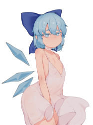 Rule 34 | 1girl, alternate costume, bad id, bad pixiv id, bare shoulders, blue bow, blue eyes, blue hair, bow, bright pupils, choker, cirno, cowboy shot, flat chest, hair bow, highres, ice, ice wings, looking at viewer, simple background, smile, solo, soya6479, touhou, white background, wings