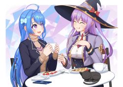 Rule 34 | 2girls, :q, absurdres, ahoge, azur lane, black cat, black jacket, blue hair, breasts, brown sweater, casual, cat, chair, cropped jacket, cup, closed eyes, food, hat, helena (azur lane), highres, holding, holding cup, huge filesize, jacket, king&#039;s raid, large breasts, light purple hair, long hair, medium breasts, mouhantain, multiple girls, necktie, ophelia (king&#039;s raid), purple hair, red neckwear, round table, shirt, short necktie, sitting, sweater, table, tongue, tongue out, underbust, white shirt, witch hat