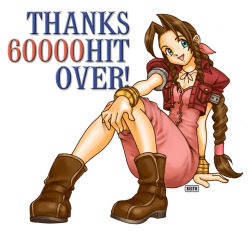 Rule 34 | 00s, 1girl, 2000s (style), aerith gainsborough, antenna hair, artist name, boots, bracelet, braid, breasts, cropped jacket, curly hair, dress, english text, final fantasy, final fantasy vii, full body, green eyes, hair ribbon, hand on own knee, jacket, jewelry, keith (keith&#039;s workshop), long hair, medium breasts, on ground, open mouth, parted bangs, pink dress, pink ribbon, puffy short sleeves, puffy sleeves, red jacket, ribbon, short sleeves, sidelocks, smile, solo, white background