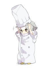 Rule 34 | 10s, 1girl, absurdres, adjusting clothes, adjusting headwear, bad id, bad pixiv id, blonde hair, brown eyes, buttons, chef, chef hat, grey hair, hat, head wings, highres, kemono friends, multicolored hair, northern white-faced owl (kemono friends), omucchan (omutyuan), oversized clothes, white hair, wings
