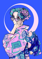 Rule 34 | 1girl, adjusting eyewear, adjusting glasses, aqua hair, billies (christina oh), blue background, cassette tape, flower, hair flower, hair ornament, hand up, heart, heart-shaped eyewear, highres, japanese clothes, kimono, looking at viewer, looking over eyewear, looking over glasses, obi, original, pink-tinted eyewear, pink-tinted glasses, pink flower, pink kimono, print kimono, purple-tinted eyewear, retro artstyle, sash, simple background, solo, standing, sunglasses, tinted eyewear
