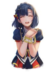 Rule 34 | 10s, 1girl, ^ ^, absurdres, akame (akamiru), anniversary, bad id, bad pixiv id, blue hair, blush, closed eyes, copyright name, hair ornament, highres, idolmaster, idolmaster million live!, nanao yuriko, open mouth, own hands together, royal starlet (idolmaster), short hair, simple background, smile, solo, white background