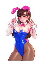 Rule 34 | 1girl, animal ears, artist name, bare shoulders, blue leotard, blush, blushyspicy, bow, bowtie, breasts, brown hair, brown pantyhose, cleavage, covered navel, cowboy shot, d.va (overwatch), detached sleeves, double v, ear piercing, earrings, facial mark, fake animal ears, fake tail, groin, hands up, heart, heart earrings, jewelry, leotard, medium breasts, overwatch, pantyhose, piercing, pink bow, pink bowtie, playboy bunny, rabbit ears, rabbit tail, shiny clothes, skindentation, smile, solo, tail, v, watermark, wrist cuffs
