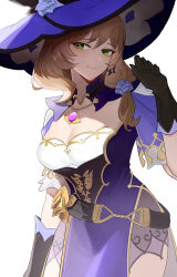 Rule 34 | 1girl, absurdres, black gloves, breasts, brown hair, cleavage, commentary request, cowboy shot, dress, genshin impact, gloves, green eyes, hand up, hat, highres, lisa (genshin impact), long hair, looking at viewer, medium breasts, purple dress, purple hat, smile, solo, standing, witch hat, wushier (rchk7553)