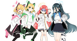 4girls :d ^_^ animal_ear_headphones animal_ears aris_(blue_archive) arm_hug black_hair black_skirt black_thighhighs blonde_hair blue_archive blue_halo blue_necktie blunt_bangs blush_stickers bocchi_the_rock! bow cat_ears clenched_hand closed_eyes closed_mouth collared_shirt commentary_request double-parted_bangs expressionless fake_animal_ears foot_out_of_frame forehead furrowed_brow game_development_department_(blue_archive) green_bow green_eyes green_halo hair_between_eyes hair_bow halo hand_up happy headphones high_heels highres holding_hands homuri_(homuri_) interlocked_fingers jacket jitome korean_commentary long_bangs long_hair midori_(blue_archive) miniskirt momoi_(blue_archive) multiple_girls necktie nervous one_side_up open_clothes open_jacket open_mouth orange_halo parody parted_bangs pink_bow pink_halo pleated_skirt purple_eyes red_hair scene_reference school_uniform shaded_face shirt short_hair siblings side-by-side sidelocks simple_background sisters sketch skirt smile standing standing_on_one_leg straight_hair thighhighs twins very_long_hair white_background white_jacket white_shirt yuzu_(blue_archive)