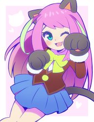 Rule 34 | 10s, 1girl, ;), animal ears, animal hands, bow, cat ears, commentary request, gloves, green eyes, hashimoto nyaa, kiman, multicolored hair, one eye closed, osomatsu-san, osomatsu (series), outside border, paw gloves, paw pose, pink hair, ribbon, school uniform, skirt, smile, solo, streaked hair, tail